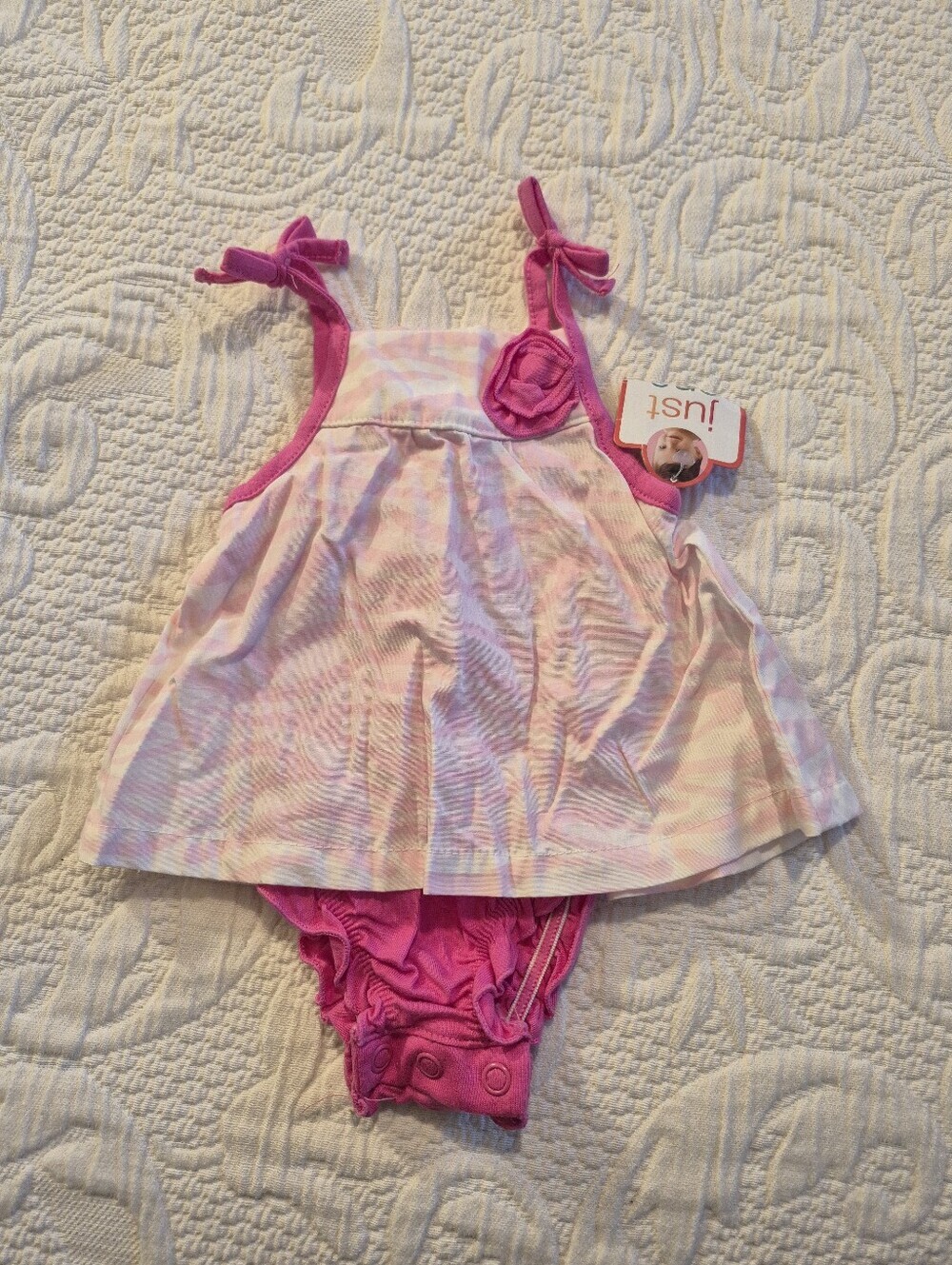 Just One You NB girls pink & white short romper inseam & back snaps NWT